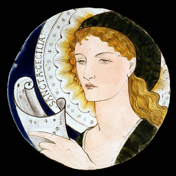 C. 2-1922 Morris and Company tile depicting St. Cecilia, designed by Edward Burne-Jones (1833-98), painted by Kate Faulkner, c. 1865 (painted earthenware)