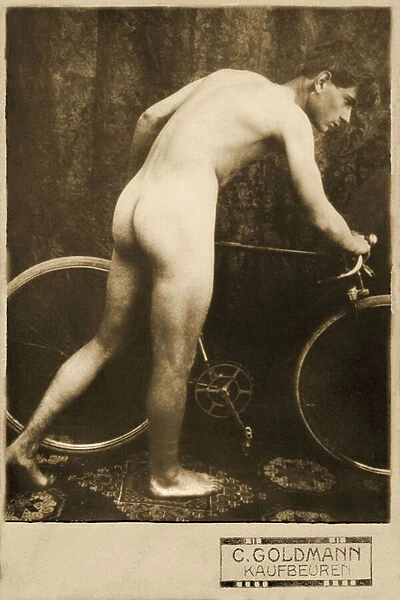 Cabinet Card of a naked cyclist, c. 1898 (Sepia Photo)