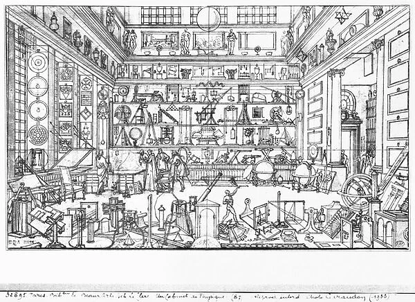 Cabinet of physics, 1687 (pen & ink on paper) (b  /  w photo)
