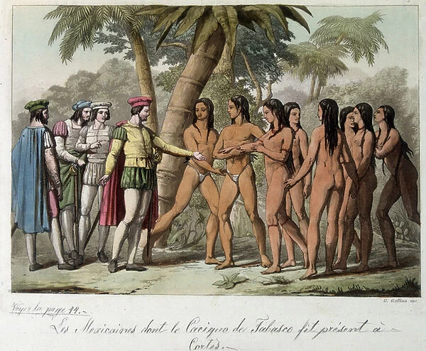 The Cacique de Tabasco offers young Mexican girls to Hernan (or Hernando) Cortes or Fernand Cortez (1485-1547) - in 'The Old and Modern Costume'by Dr. Jules Ferrario, 1819-1820 ed. Milan