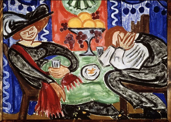A un cafe. (In A Cafe). Peinture de Olga Vladimirovna Rozanova (1886-1918), huile sur toile, 1912-1913. Art russe, 20e siecle, avant garde. State Russian Museum, Saint Petersbourg