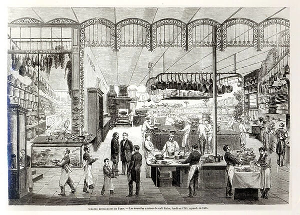 The Cafe Riche new kitchens, 1866 (engraving) (b  /  w photo)