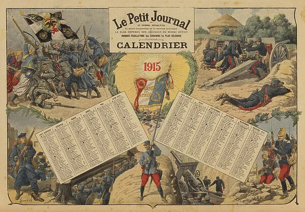 Calendar for 1915, with World War I battlefield scenes (colour litho)