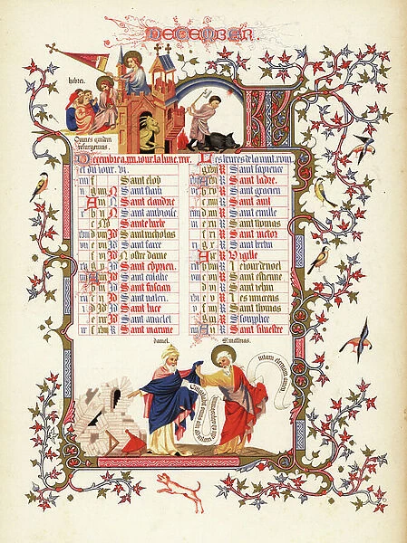 Calendar for December with figures of Daniel and St. Matthew, quote from Epistle to the Hebrews, disciples, man slaying a boar with an axe, goat, dog, birds, foliage and castles. From an illuminated Book of Hours of the Duke the Anjou. 1380