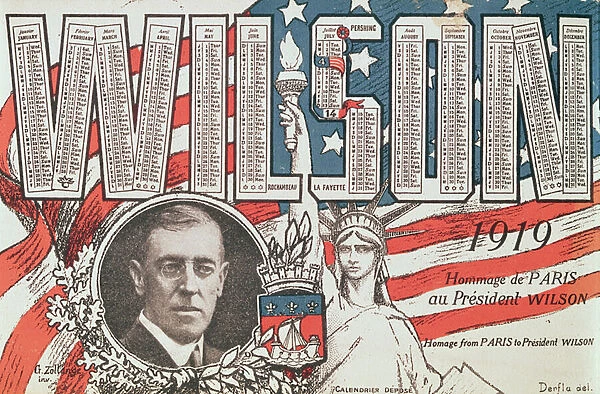 Calendar paying homage from Paris to President Woodrow Wilson (1856-1924), 1919 (colour litho)