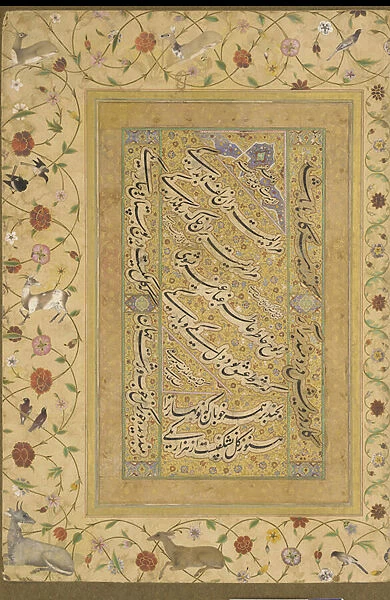 Calligraphy from the Late Shahjahan Album (opaque watercolor, ink, and gold on paper)