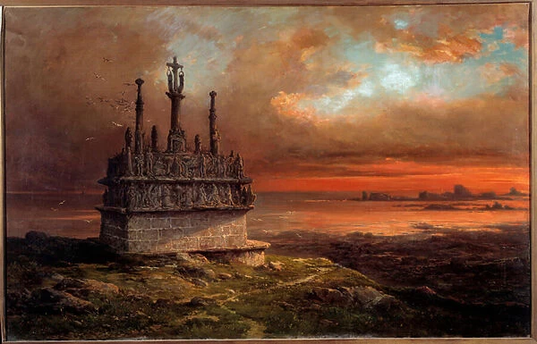 The Calvary of Tronoen in the Sunset Painting by Jacques Guiaud (1811-1876