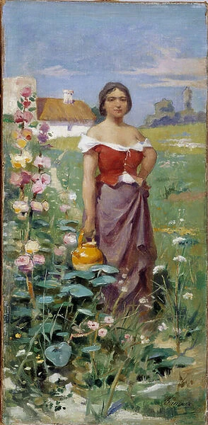 Camargaise a jug Young woman clothed with a gypsy in a field. Painting by Adrien Henri Tanoux (1865-1923) 20th century Mandatory mention: Collection fondation regards de Provence, Marseille