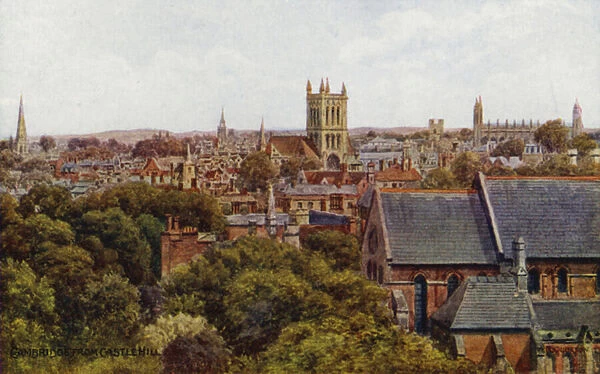 Cambridge, from Castle Hill (colour litho)