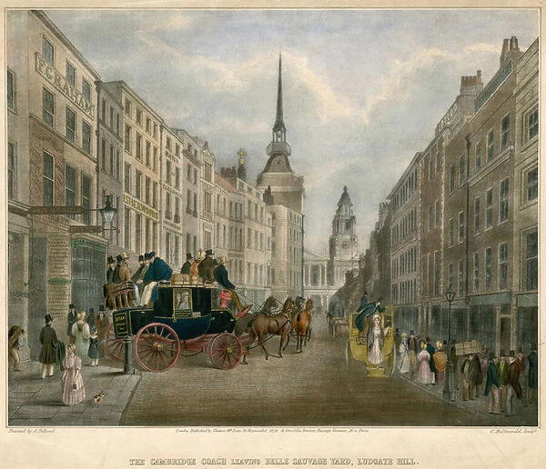 The Cambridge Coach leaving Belle Sauvage Yard, Ludgate Hill, London (coloured engraving)