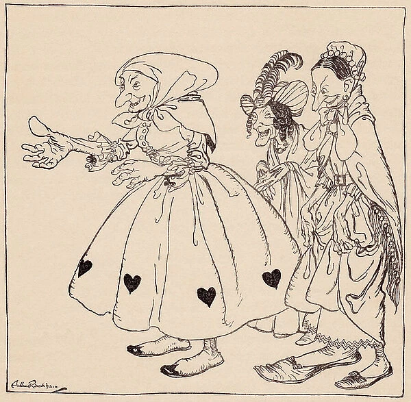 In came the three women dressed in the stangest fashion. Illustration by Arthur Rackham from Grimm's Fairy Tale, The Three Spinning Women