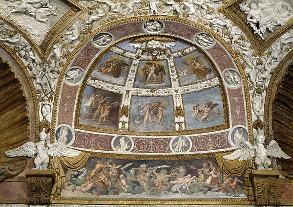 Camera delle Aquile, detail of ceiling showing a frieze of a battle between tritons