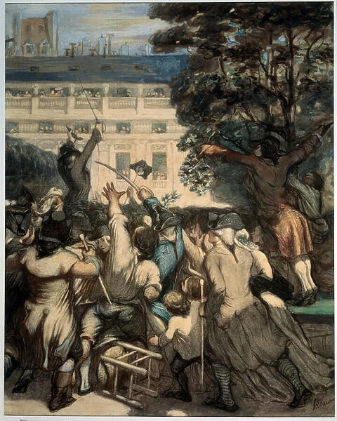 'Camille Desmoulins (1760-1794) harangue les patriotes dans les jardins du Palais royal'Premiere scene de la revolution francaise a Paris : le 12  /  07  /  1789, apres le renvoi de Jacques Necker par le roi