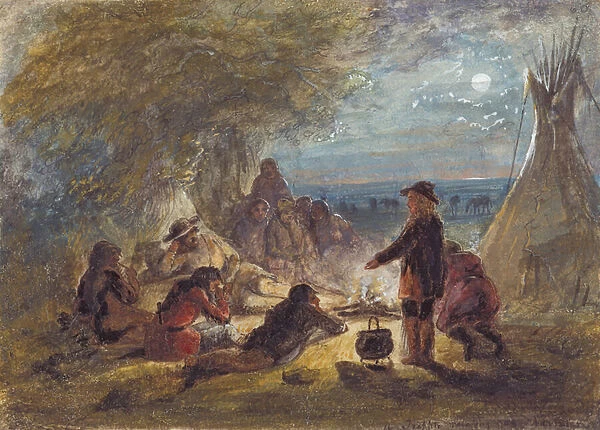 Camp Fire at Night; Trapper Relating an Adventure, c. 1858 (pencil, pen and ink, w  /  c and gouache on paper)