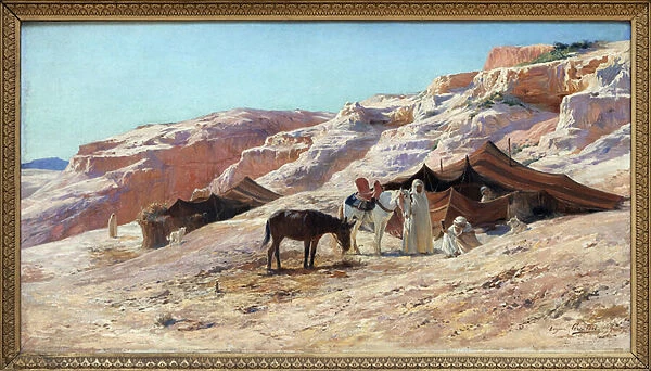 The Camp, Oil Painting on Canvas by Eugene Girardet (1853-1907), encampment of a group of Arab travelers (Bedouins) in a landscape of dunes. Dim. 50x60 cm. Photography, KIM Youngtae, Nantes, Musee des Beaux Art de Nantes