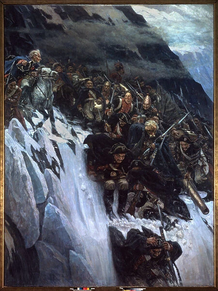 Campagne d Italie (1799-1800) : la marche de Alexandre Souvorov (Suwarow ou Souwarow Rimniski ou Rimnitskoi) (1729-1800) et des troupes russes a travers les Alpes en 1799 - March of Suvorov through the Alps in 1799 - Peinture de Vasilli