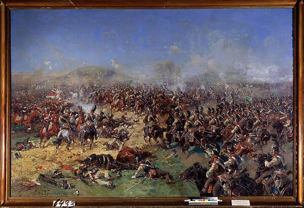 Campagne de Russie (1812) : la bataille de Borodino (ou bataille de la Moskova), le 26 aout 1812 (ou 7 septembre 1812), troisieme attaque francaise (The battle of Borodino on August 26, 1812, the third attack). Peinture de Franz Roubaud (1856-1928)