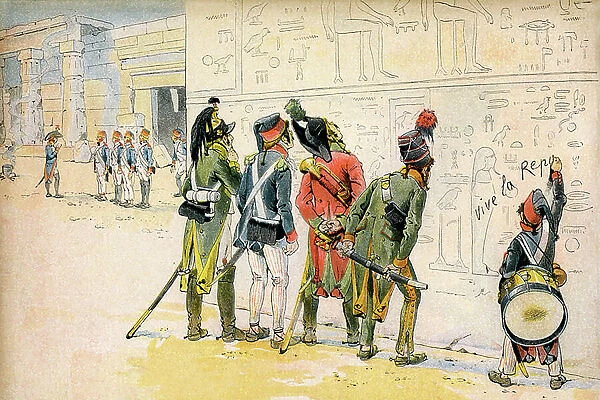 Campaign of Egypt, 1798: At the foot of the pyramids, the soldiers of the army of General Bonaparte look at the grave hieroglyphs on the wall of a temple - a young drum wrote from above