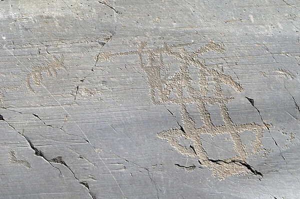 CAMUNI Depiction of building, warrior with spear and dog, petroglyphs on Permian sandstone