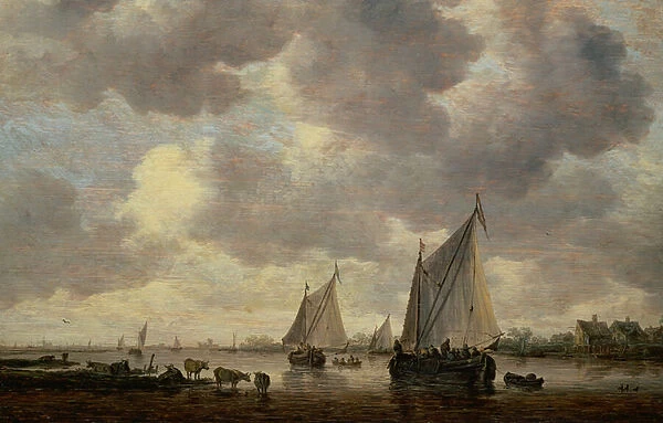 A Canal in Holland, or Two Large Sailing Ships and Cattle Near a River, 1647 (oil on panel)