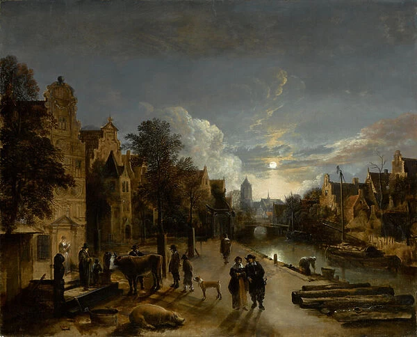 Canal Scene in Moonlight, circa 1660s (oil on canvas)