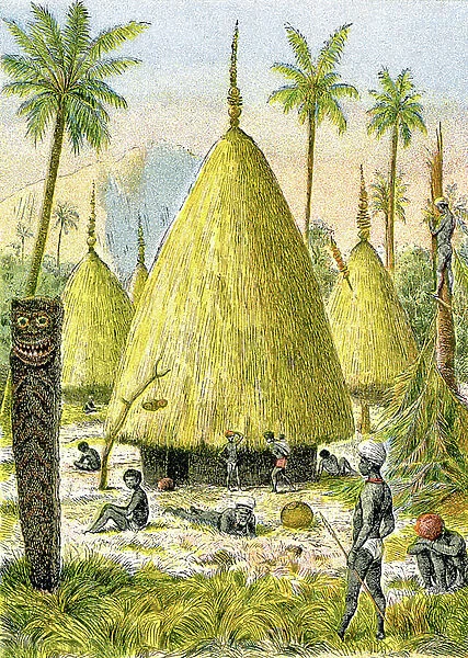Canaque village in New Caledonia, c. 1900-1910 (illustration)