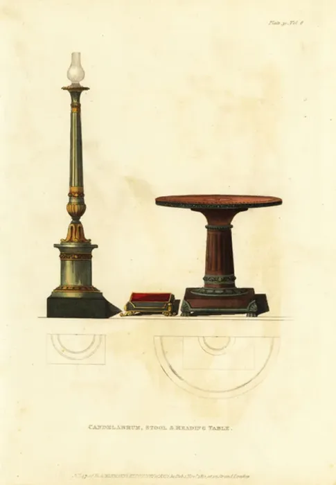 Framed Print : Candelabrum, stool and reading table, 1812