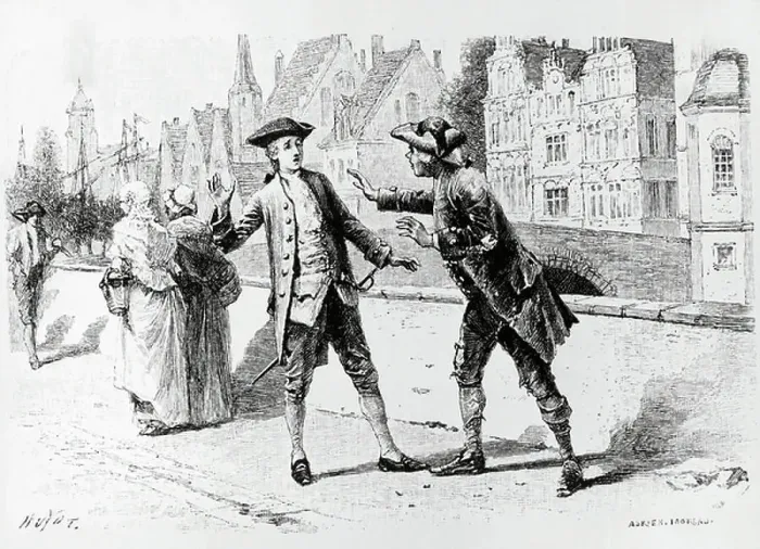 Framed Print : Candide or Optimism, illustration by Adrien Moreau (1843-1906) for Chapter VI of edition published in Paris in 1893 of novel by Voltaire, pseudonym of Francois-Marie Arouet (1694 -1778), France, 19th century