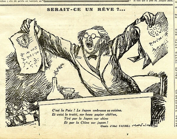 Candide, Satirique en N & B, 1932_3_3: Japan, China, Peace Illustration by Abel Faivre