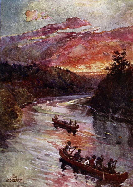 Canoes on a North American river (colour litho)