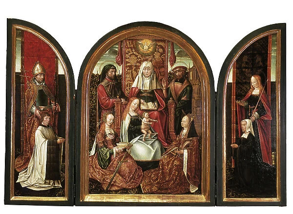 A Canon with St. Livinus (left wing), The Family of St. Anne (centre panel), Donor with St. Elizabeth (right wing), The Annunciation (closed) c. 1500-10 (oil on panel)