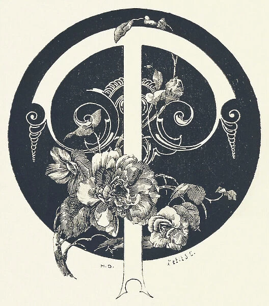 Capital letter T decorated with plant motifs. 1880 (engraving)