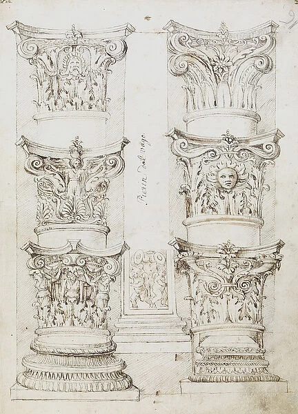 Six Capitals, a Lesene and Two Column Bases, Folio 1, The Master of the Oxford Album, c