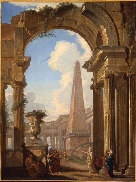 Capricci of Roman ruins with figures (oil on canvas) (pair to 623376)