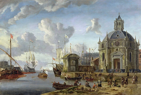 A capriccio Mediterranean harbour with a galley at anchor