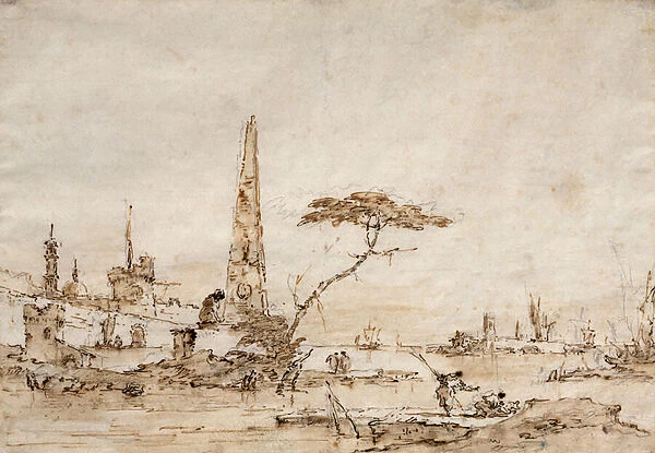 Capriccio beside a Venetian Lagoon with an Obelisk and Lion outside the Walls of a Fortified Town (pen and ink)