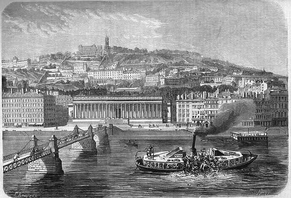 Capsizing of the omnibus steamboat the ' Fly n°4' on the Saone River in Lyon (Rhone, 69), July 10, 1864. Engraving in ' Le Monde Illustre' n°380 of 23 July 1864