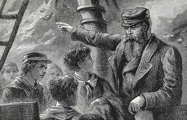 A captain giving orders to his crew members, 1850