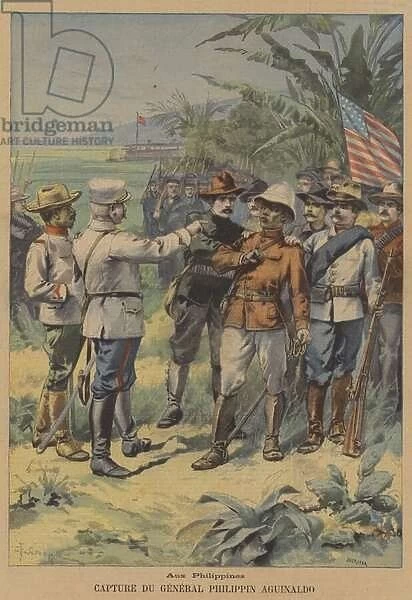 Capture of the Filipino General Aguinaldo by the Americans in the Philippines (colour litho)