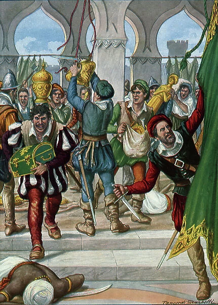 The Capture of Goa, 1510: The Portuguese Soldiers of the Navigator Afonso de Albuquerque (1435-1515) plunder the Royal Palace (Portuguese Conquest of Goa, 1510: Capture and Pillage of the Royal Palace of Goa by the Soldiers of Albuquerque)