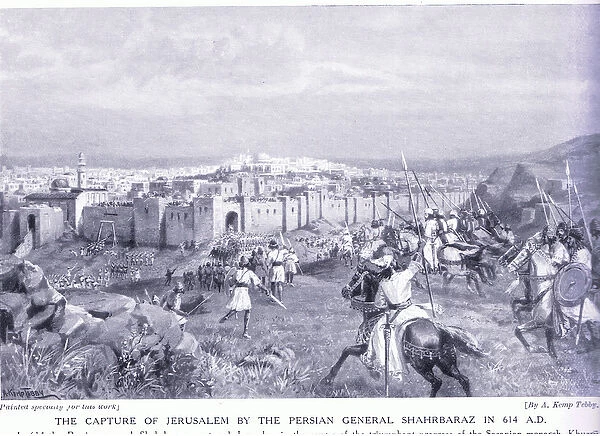 The capture of Jerusalem by the Persian general Shahrbaraz in 614AD (litho)