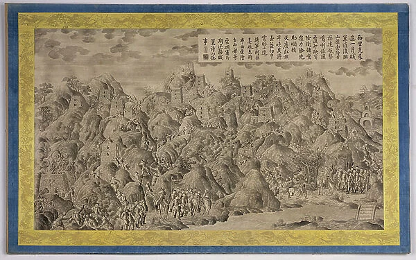 The Capture of the Mountain at Ko Hu Chu So Lung, from a series depicting scenes from the Quianlong Campaign in Sichuan, 1772-76 (engraving)