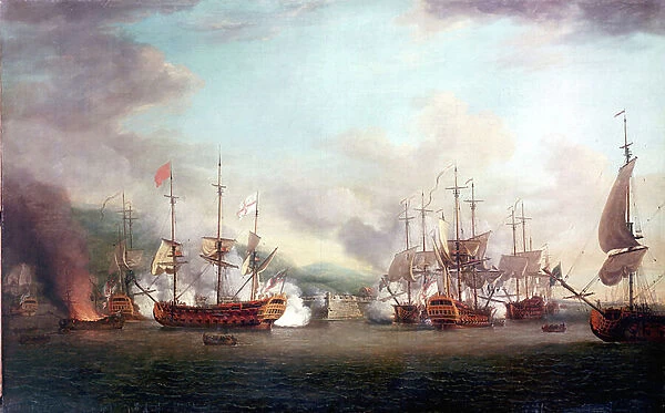 The capture of Port Louis (Haiti), on March 8, 1748, by the British admiral Charles Knowles, the city defended by two forts, including a French one, whose walls can be seen in the center of the painting