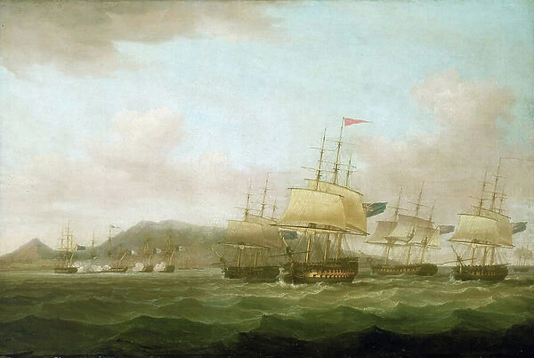 The capture of Saint Paul, near Bourbon Island (now Reunion Island) by the British fleet, September 21, 1809. Oil on canvas, 1812, by Thomas Whitcombe (born between 1752 and 1763-1824)