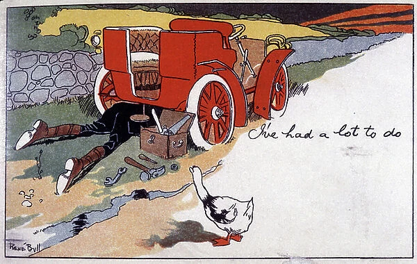 Car breakdown on a country road, c. 1910 (postcard)
