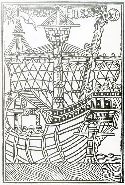 A Caravel from la Historia general de las Indias 1547 (woodcut)
