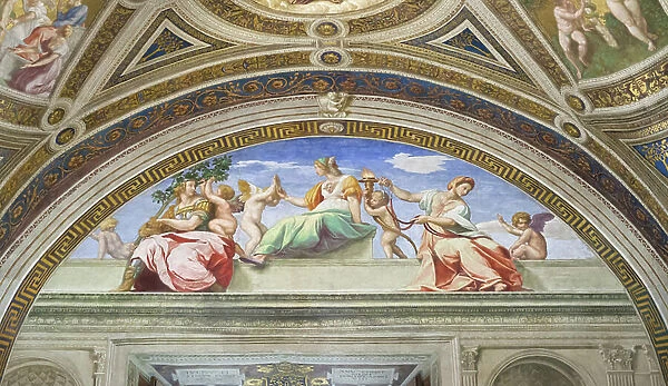 Cardinal and theological virtues, 1511, Raphael, 1483-1520, room of the signature, Raphael rooms, fresco, Vatican museums, Rome, Italy