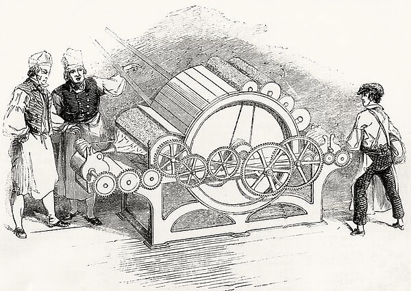 Carding Engine and Factory Operatives (engraving) (b&w photo)