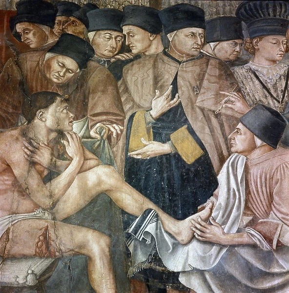 Care of the sick in a hospital, nurses wash the feet of a pelerin wounds, detail