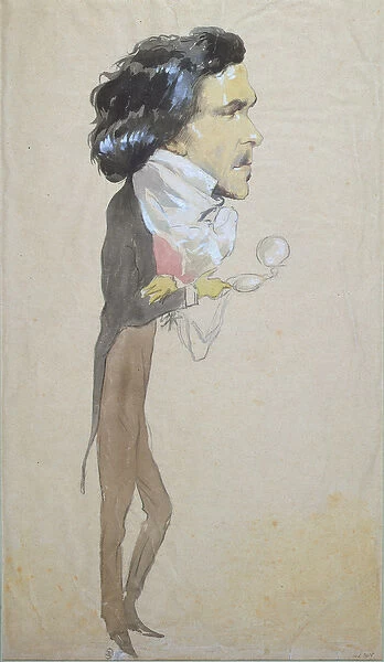Caricature of Eugene Delacroix (1798-1863) (w  /  c, pencil & gouache on paper)